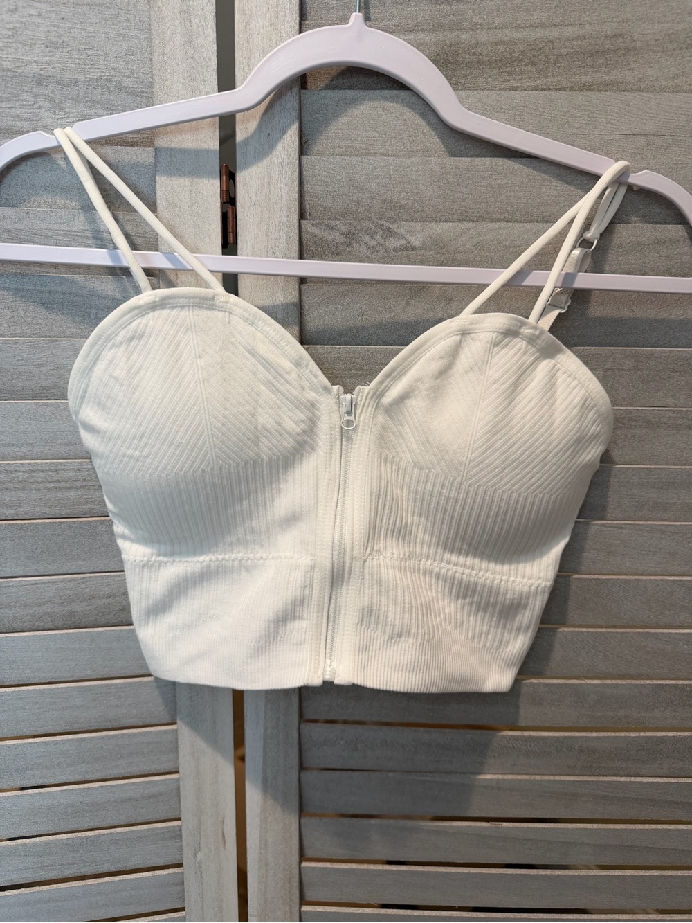 NWT Micas, White Ribbed Zip-Front Bustier Crop Top